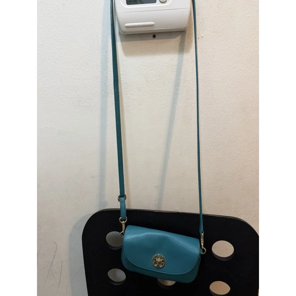 Tory Burch Robinson Turquoise Turn Lock Clutch Crossbody Bag Gold Hardware
